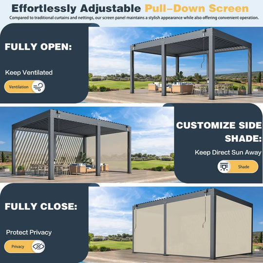 Outdoor Louvered Pergola Gazebo with Adjustable Aluminum Rainproof Roof and Pull-Down Screen