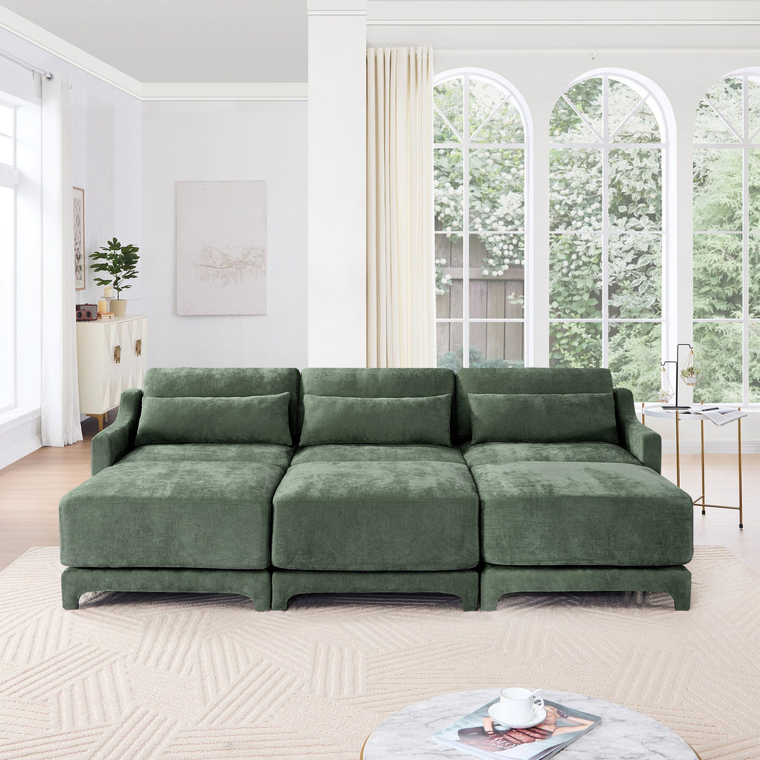 Modern Chenille 4-Seater Sofa with 2 Ottoman, Lumbar Cushions, Ergonomic Backrest, High-Resilience Spongeand Tufted Armrests