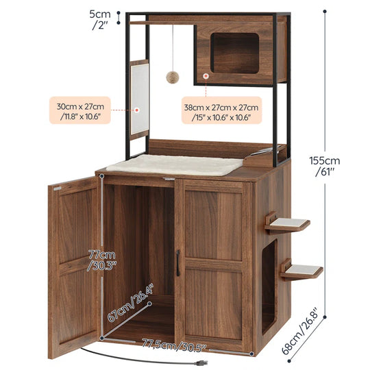 Cat Tower with Litter Box Enclosure with Shelves and Charging Station