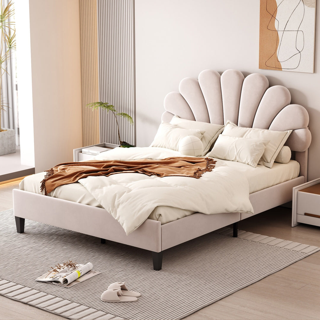 Upholstered Platform Bed with Flower Pattern Velvet Headboard