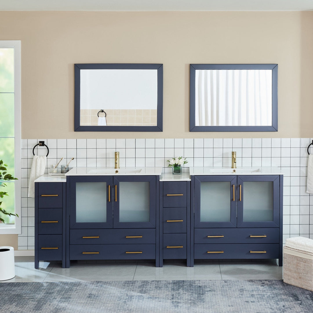 96" Double Sink Bathroom Vanity Set 10 Dove-Tailed Drawers, 3 Cabinets, 2 Shelves Soft-Closing Doors with Free Mirror
