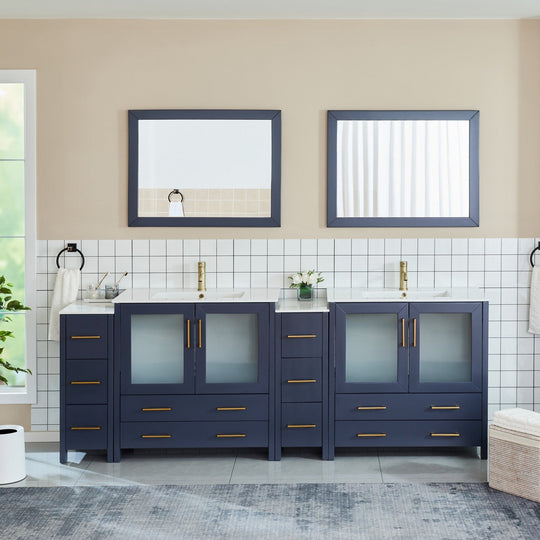 96" Double Sink Bathroom Vanity Set 10 Dove-Tailed Drawers, 3 Cabinets, 2 Shelves Soft-Closing Doors with Free Mirror