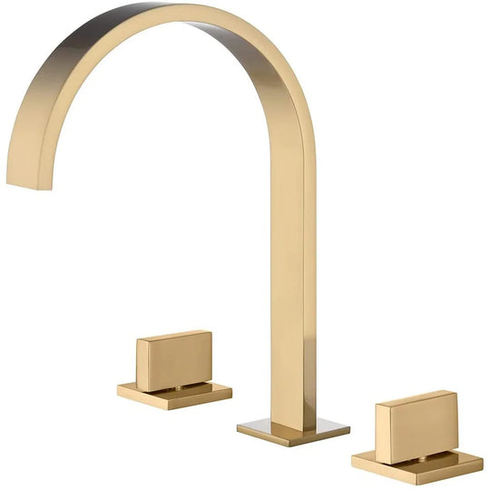 Brushed Gold Two Handles 3 Holes Waterfall Bathroom Sink Faucet with Brass Pop up Overflow Drain