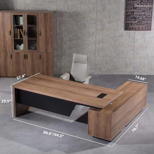 WESOME Retractable L-Shaped Executive Desk with Cable Management Drawers and Lateral File Cabinet