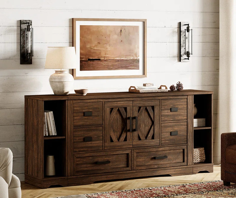 Glenford Modern Farmhouse 73.5" Wide Wood Barn Door Storage Cabinet with 6 Drawers and Open Storage Shelf