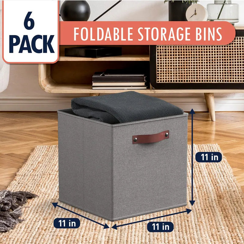 Foldable Collapsible Storage Box Bins Linen Fabric Shelf Basket Cube Organizer with Leather Handles - Set of 6