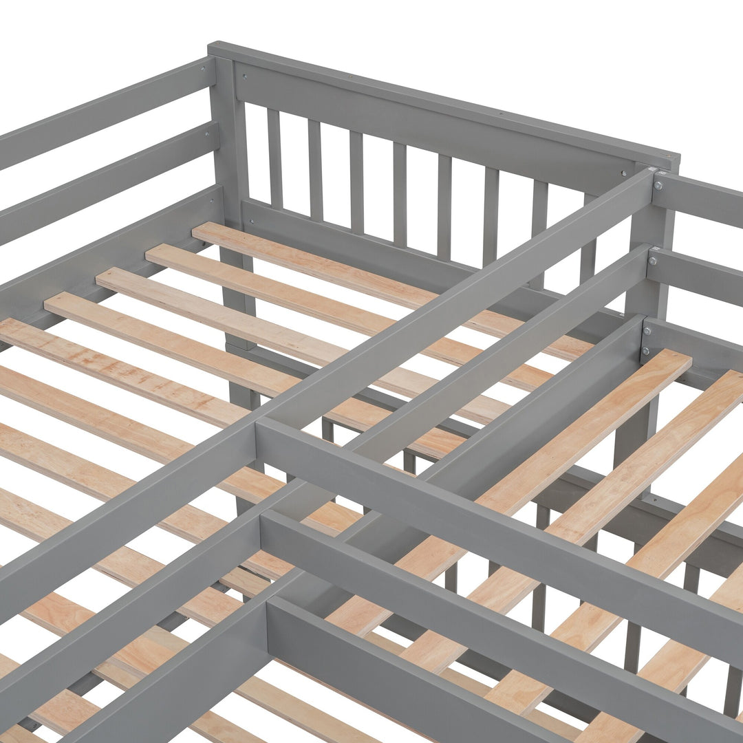 L-Shaped Bunk Bed with Three Drawers, Portable Desk and Wardrobe, Twin-Twin over Full Design