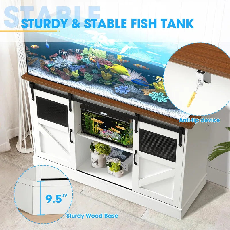 55-75 Gallon Fish Tank Stand with Power Outlet, Heavy Duty Large Aquarium Stand with Sliding Barn Door and Cabinet Storage for 2 Fish Tank Turtle Tank Reptile Terrarium, 1000Lbs Capacity