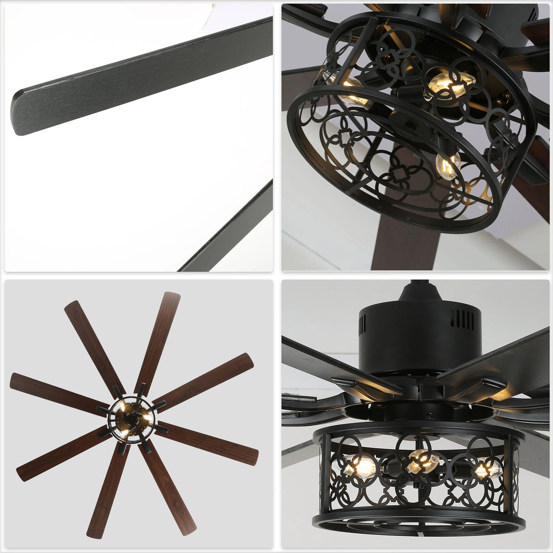 72" Rustic Large Ceiling Fan with Light and Remote 6-Speed 3-Light Farmhouse Metal Caged Black Ceiling Fan