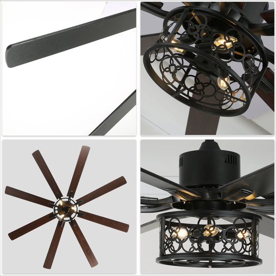 72" Rustic Large Ceiling Fan with Light and Remote 6-Speed 3-Light Farmhouse Metal Caged Black Ceiling Fan