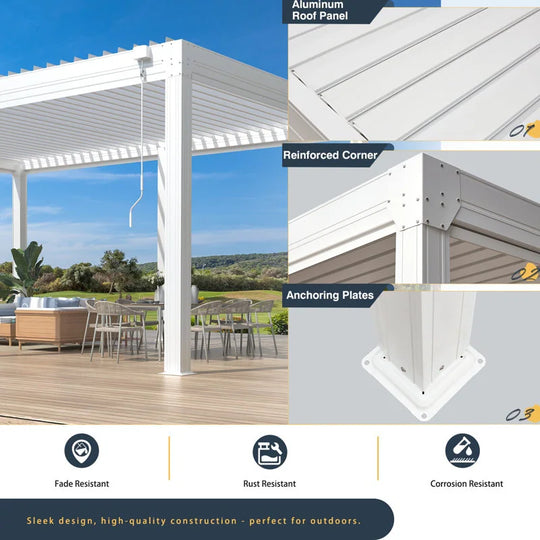 Outdoor Louvered Pergola Gazebo with Adjustable Aluminum Rainproof Roof and Pull-Down Screen