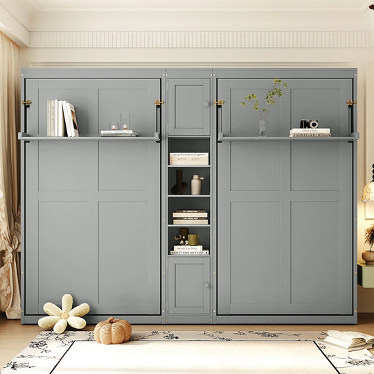 Dual Twin Size Wall Murphy Beds with Cabinets and Shelves, Space-Saving Design