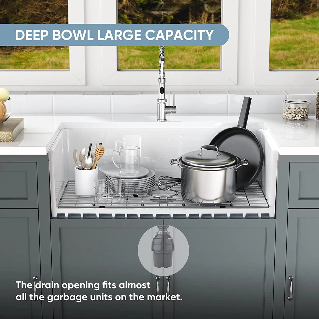 White Fireclay 33 In. L X 18 In. W Rectangular Single Bowl Farmhouse Apron Kitchen Sink with Grid and Strainer