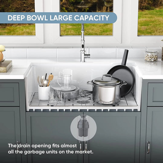White Fireclay 33 In. L X 18 In. W Rectangular Single Bowl Farmhouse Apron Kitchen Sink with Grid and Strainer