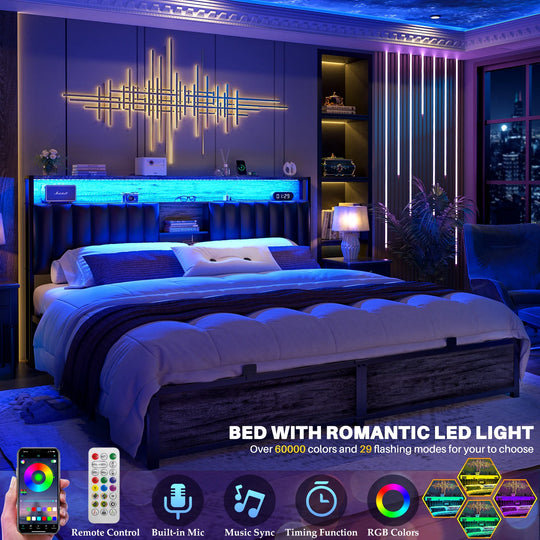 Upholstered Bed Frame with Storage Shelving, Platform Beds with Charge Station and LED Lights