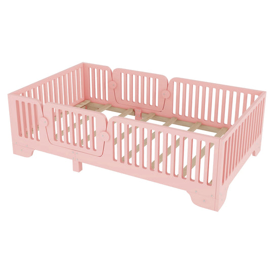 Full Size Montessori Floor Bed Frame with Safety Rails and Removable Door, Low Profile Kids Bed with Slatted Support