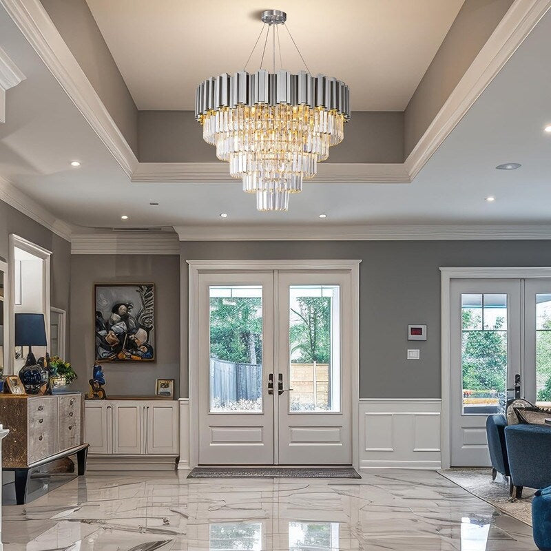 Large Crystal Chandelier - 35.4"Modern 6-Tier 17-Light Chrome Ceiling Light, Luxury K9 Crystal
