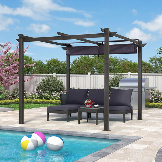 Gazebo Outdoor Retractable White Heavy-Duty Aluminum Pergola with Extra Top Roof