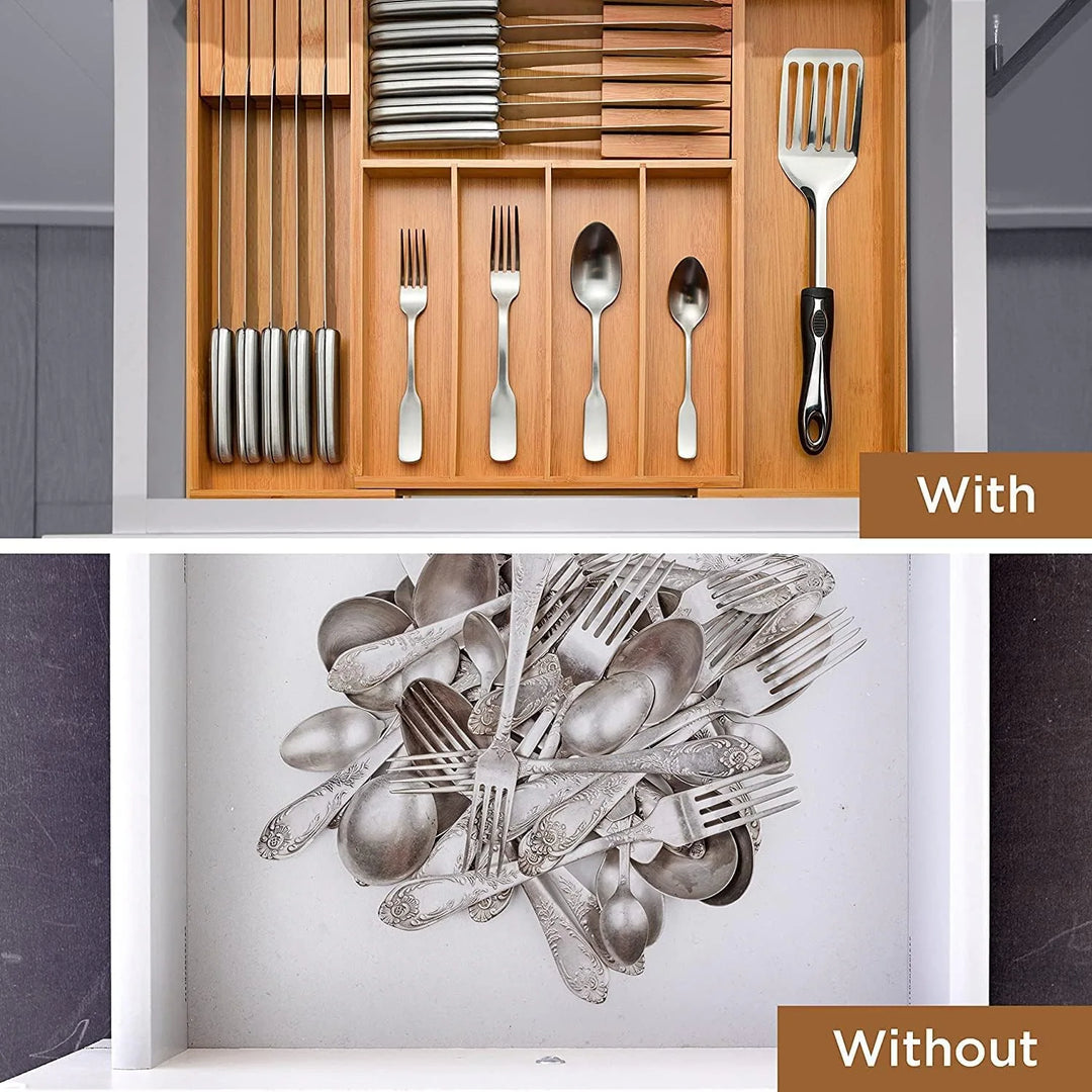 Utensil Organizer - Bamboo Expandable Silverware Organizer, Utensil Holder & Cutlery Tray with Divider and Removable Knife Block