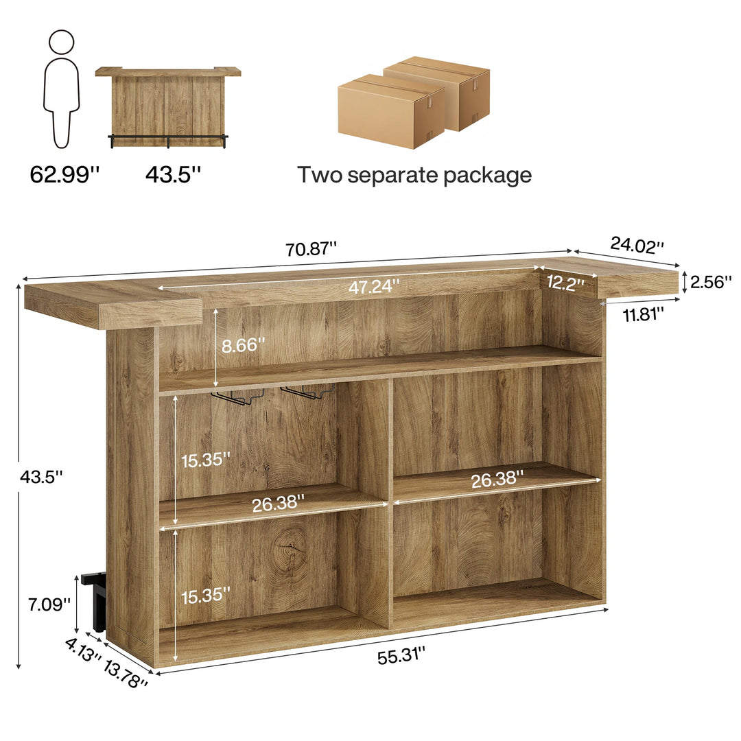 70.9" Wooden Home Bar Table with Wine Glass Holder, Pub Storage Unit Accent Table for Home Patio Basement