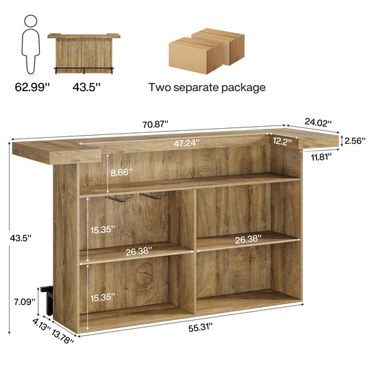 70.9" Wooden Home Bar Table with Wine Glass Holder, Pub Storage Unit Accent Table for Home Patio Basement