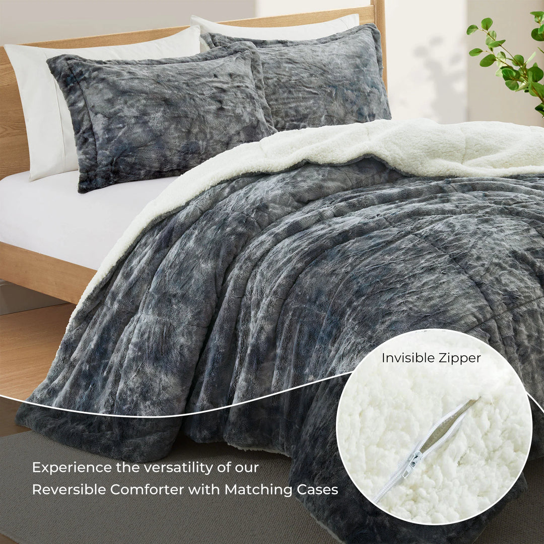 3 Piece Winter Reversible Comforter Set Faux Shearling Ultra Soft Minky Plush and Fuzzy Fleece Microfiber