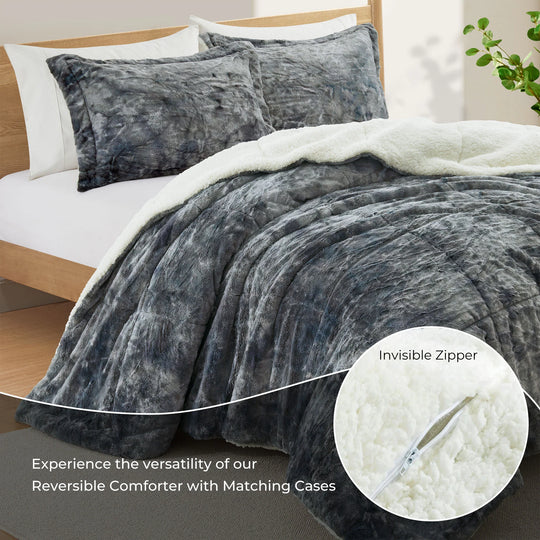 3 Piece Winter Reversible Comforter Set Faux Shearling Ultra Soft Minky Plush and Fuzzy Fleece Microfiber