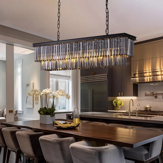 47 In. Smoked Gray and Black Modern Contemporary Crystal Chandelier 2-Tier Linear Kitchen Island Pendant Light for Dining Room