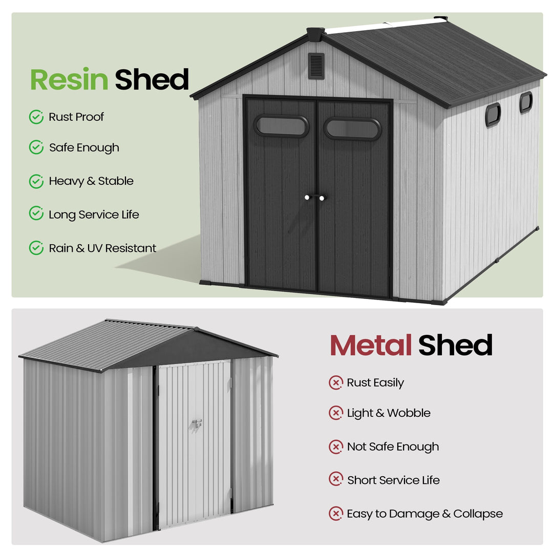 8X8/8X10/8X12 FT All-Weather Outdoor Resin Lockable Storage Shed with Windows Floor for Patio Furniture and Tools