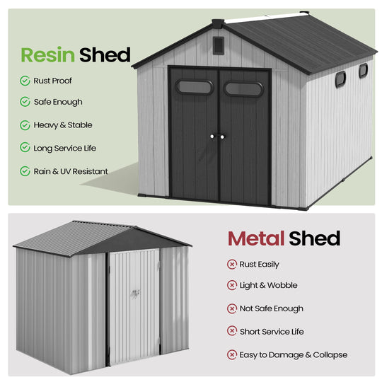 8X8/8X10/8X12 FT All-Weather Outdoor Resin Lockable Storage Shed with Windows Floor for Patio Furniture and Tools