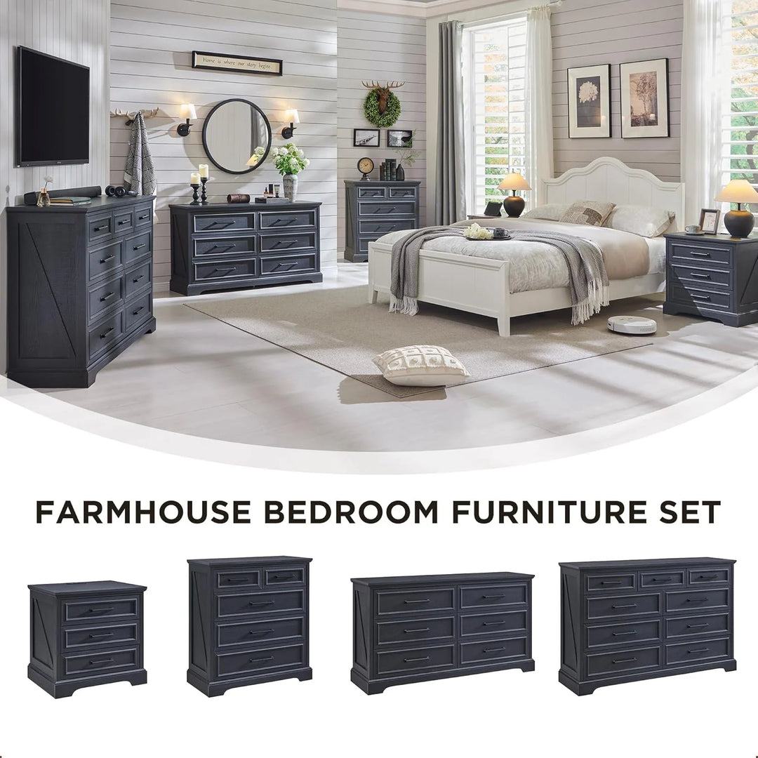Farmhouse 3-Drawer Nightstand, Wide End Table with Charging Station