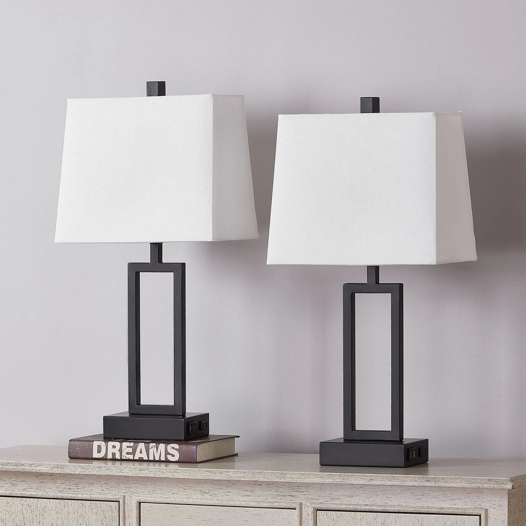 Set of 2 Black Touch Control Table Lamps with White Rectangular Shades, USB Ports & AC Outlet