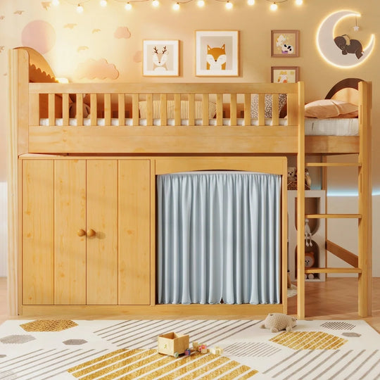 Loft Bed with Storage Cabinet and LED