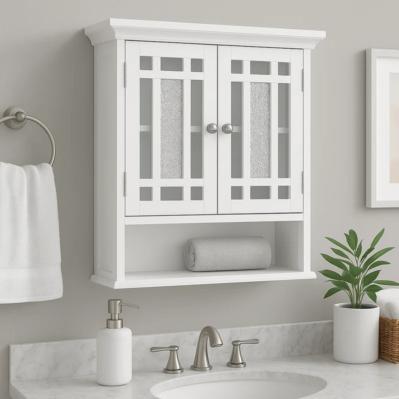 Caleb Removable Two-Door Wall Cabinet with Glass Mosaic Doors, Adjustable Shelf for Bathroom or Home Storage