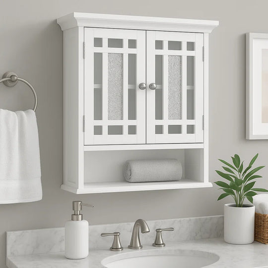 Caleb Removable Two-Door Wall Cabinet with Glass Mosaic Doors, Adjustable Shelf for Bathroom or Home Storage