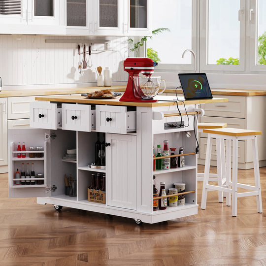 Large Kitchen Island with Drop Leaf,Power Outlet,Door Internal Storage Rack,3 Drawers(Not Include Bar Stools)