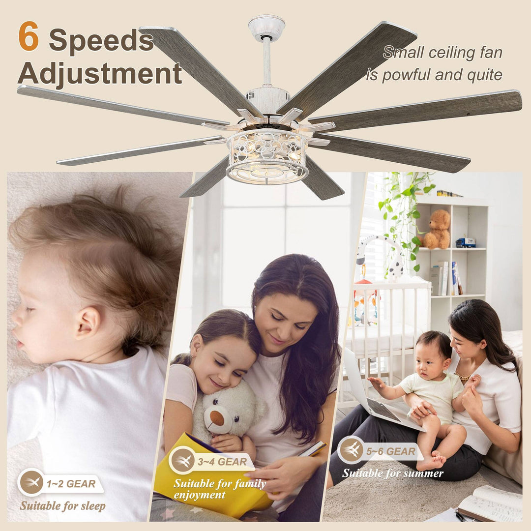72" Rustic Large Ceiling Fan with Light and Remote 6-Speed 3-Light Farmhouse Metal Caged Black Ceiling Fan