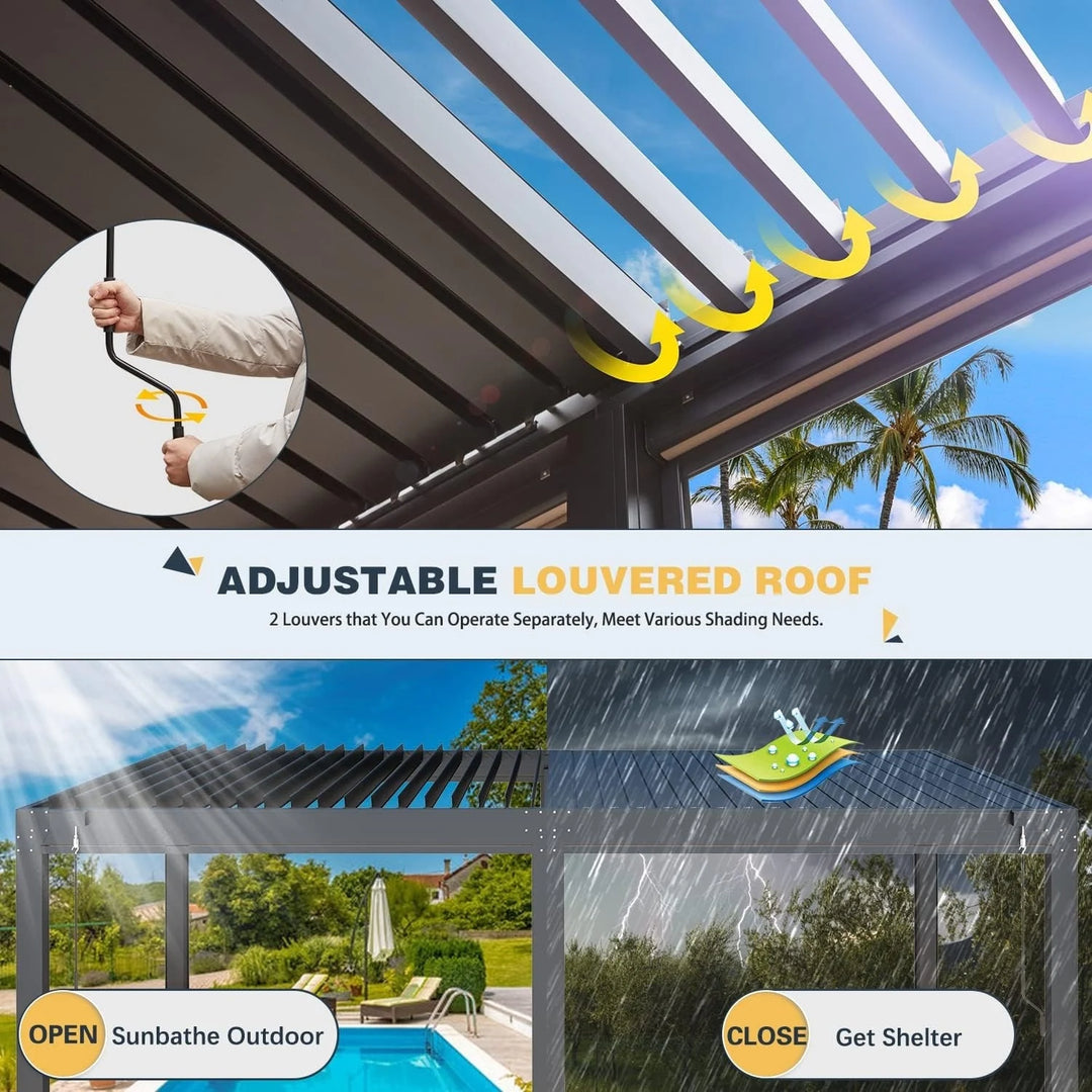 Outdoor Louvered Pergola Gazebo with Adjustable Aluminum Rainproof Roof and Pull-Down Screen