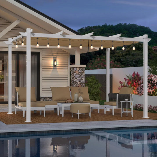 Gazebo Outdoor Retractable White Heavy-Duty Aluminum Pergola with Extra Top Roof