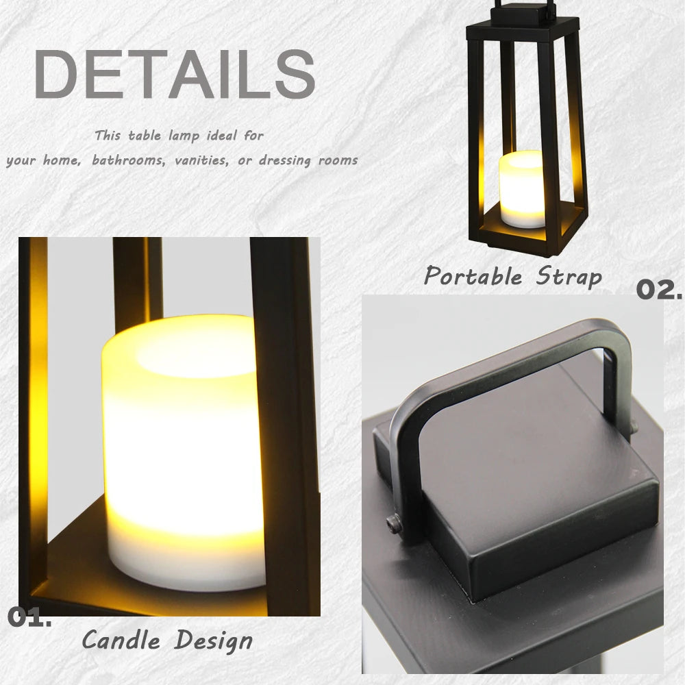 1 Light H16" Modern Matte Black Solar Lantern with Candle Shape Outdoor Light Decorative Portable Hanging LED Lights