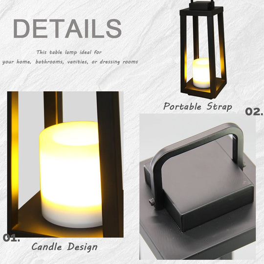 1 Light H16" Modern Matte Black Solar Lantern with Candle Shape Outdoor Light Decorative Portable Hanging LED Lights