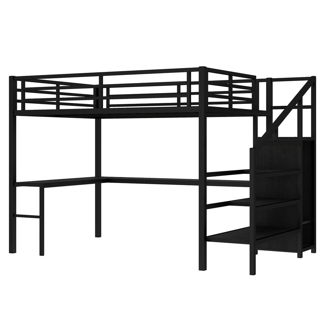 Queen Size Loft Bed with L-Shaped Desk and USB, Metal Loft Bed with Wardrobe and Adjustable Shelf, High Loft Bed with LED