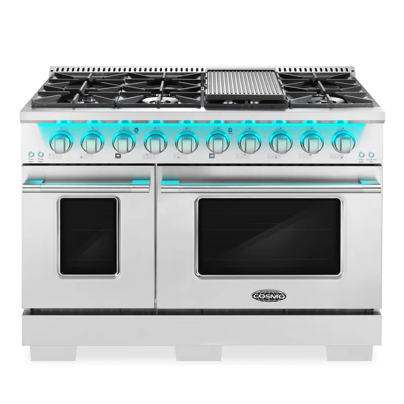 48 In. Vista Collection 5.5 Cu. Ft. Double Oven Gas Range, 8 Italian Burners, LED Panel, Cast Iron Grates, Stainless Steel