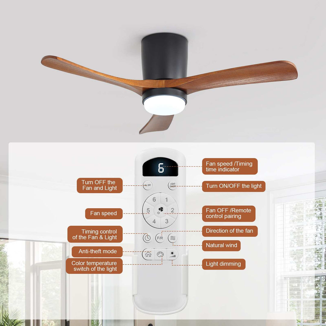 Sofucor 42"/48"/ 52"/60"Noiseless Walnut Wood Ceiling Fan with Remote Control, Integrated Light Optional