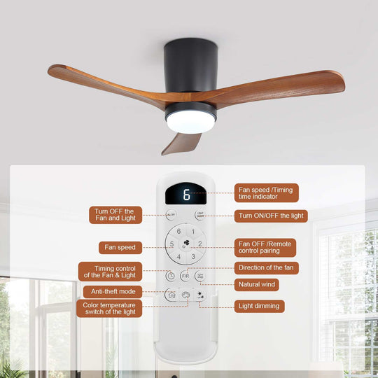 Sofucor 42"/48"/ 52"/60"Noiseless Walnut Wood Ceiling Fan with Remote Control, Integrated Light Optional