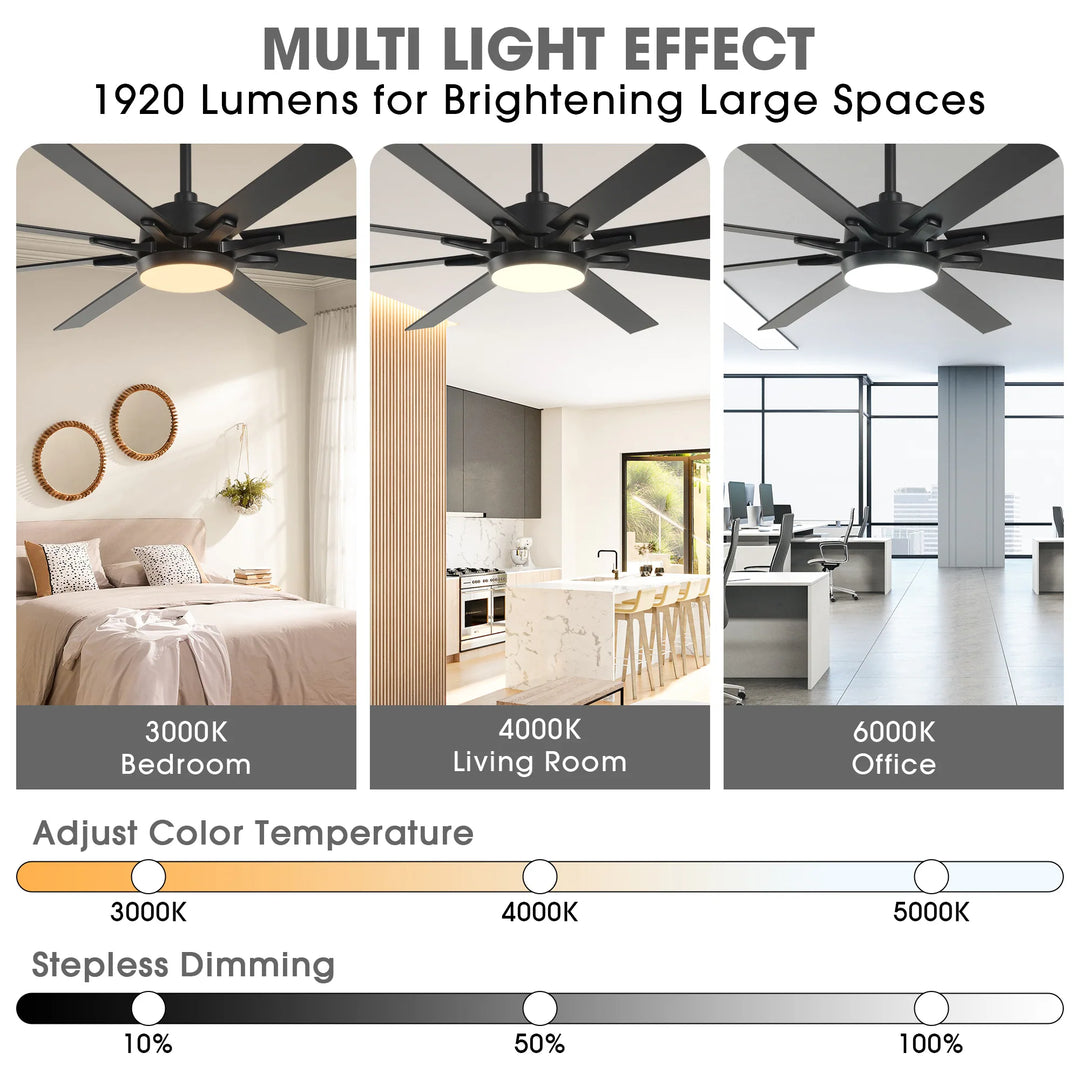 65-Inch Modern Reversible Dimmable Large Ceiling Fan with Light and Remote