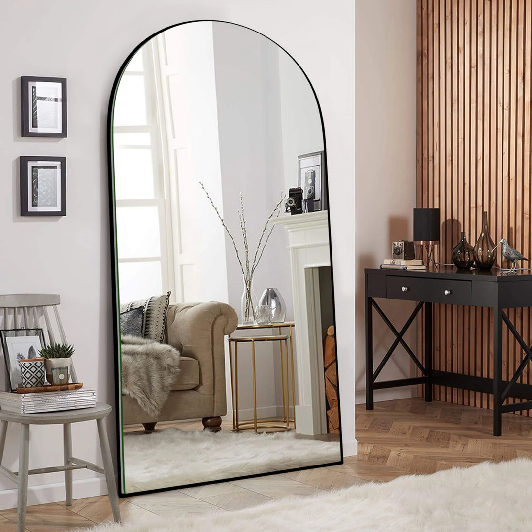 Modern Arched Full-Length Wood Floor Standing Mirror