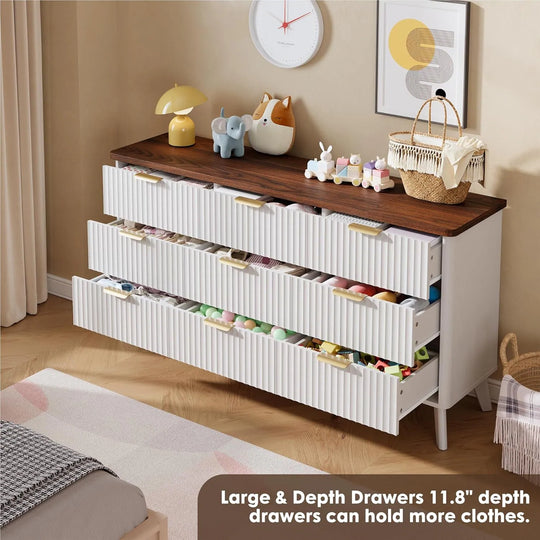 Fluted 9-Drawer Dresser, 60.6" Wide Modern Wooden Chest with Curved Design, Dresser TV Stand for Living Room, Walnut