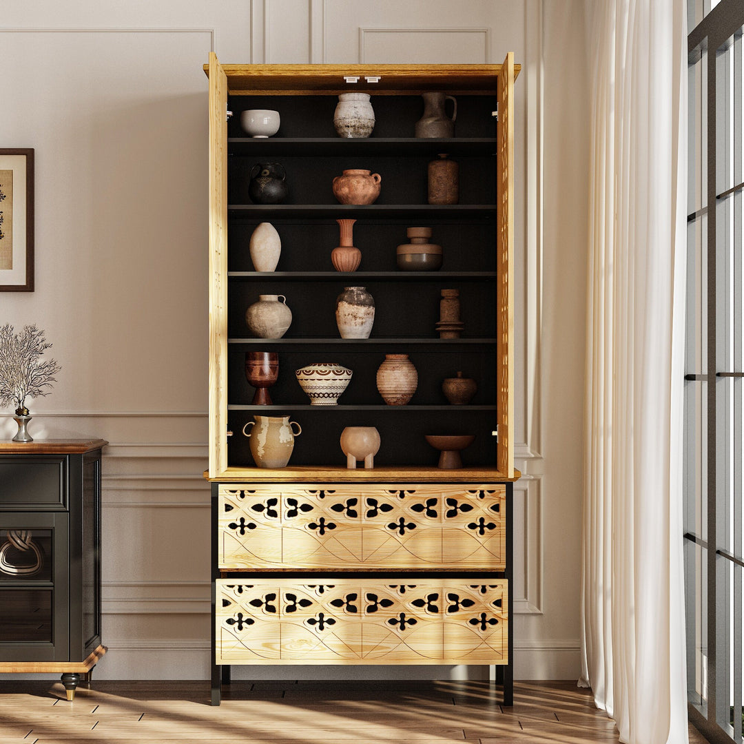Sculpted Wood and Black Cabinet – Beautifully Carved Decorative Storage Pantry Bookshelves Display Cabinet - 33.4"X70.9"