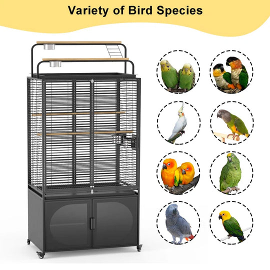 72-Inch Bird Cage with Play Top, Parakeet Cage with Rolling Storage Cabinet Extra Large with Cover
